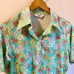 Vintage 60s / 70s hooper green & floral polo collared short sleeve shirt medium